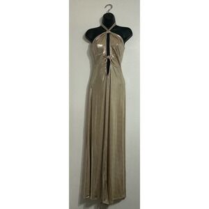 Fashion Nova Katia Metallic Champagne Halter Cutout Maxi Dress Size L Glam Party